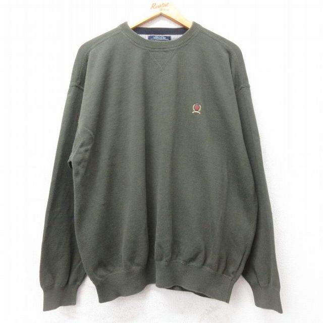 XL★古着 トミーヒルフィガー TOMMY HILFIGER 長袖 ブランド セーター メンズ 90年代 90s ワンポイントロゴ 大きいサイズ コットン クルーネック 緑 グリーン 25mar13 中古 ニット トップス