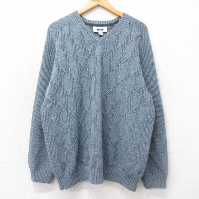 L★古着 長袖 セーター メンズ Vネック 薄紺 ネイビー 25mar13 中古 ニット トップス