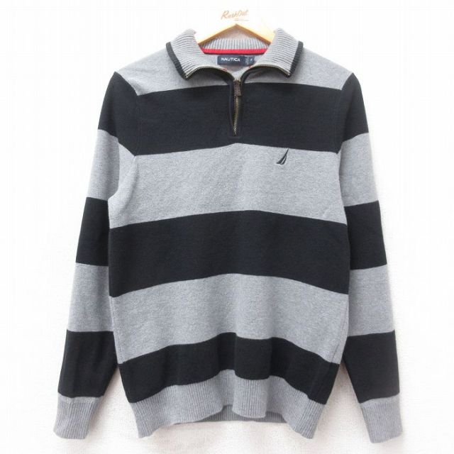 S★古着 ノーティカ NAUTICA 長袖 ブランド ハーフジップ セーター メンズ ワンポイントロゴ コットン グレー他 ボーダー 25mar13 中古 ニット トップス