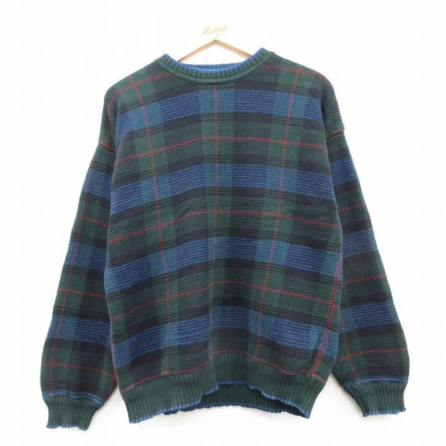 【20%OFF】M★古着 長袖 セーター メンズ 90年代 90s コットン クルーネック 緑他 グリーン チェック 25mar14 中古 ニット トップス