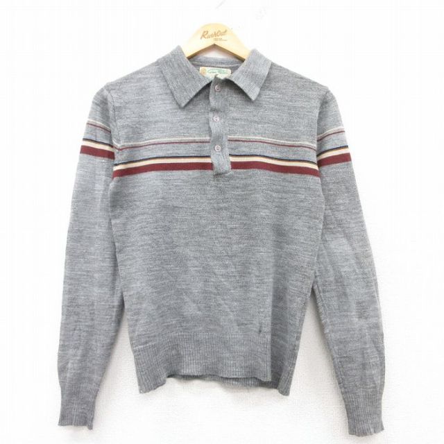 【50%OFF】XS★古着 長袖 セーター メンズ 80年代 80s 襟付き アクリル グレー他 25mar14 中古 ニット トップス