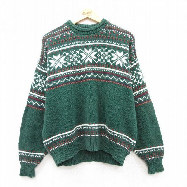 【50%OFF】XL★古着 長袖 ノルディック セーター メンズ 90年代 90s 雪柄 コットン クルーネック USA製 緑他 グリーン 25mar14 中古 ニット トップス