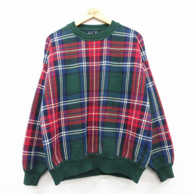 L★古着 長袖 セーター メンズ 90年代 90s コットン クルーネック 緑他 グリーン チェック 25mar14 中古 ニット トップス