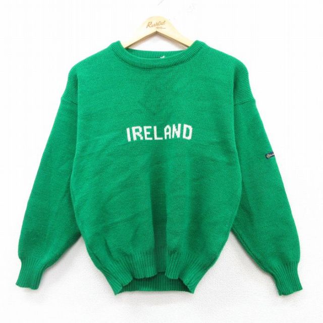 S★古着 長袖 セーター メンズ 90年代 90s アイルランド アクリル クルーネック アイルランド製 緑 グリーン 25mar14 中古 ニット トップス
