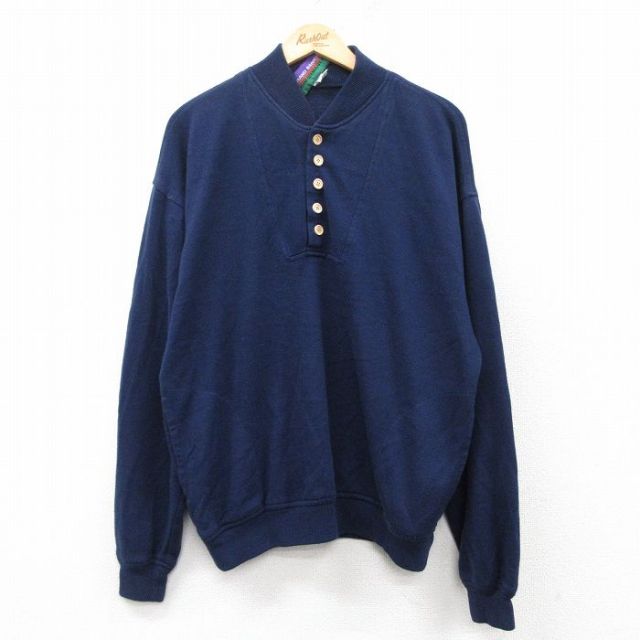 L★古着 長袖 セーター メンズ 90年代 90s 無地 ヘンリーネック 紺 ネイビー 25mar14 中古 ニット トップス