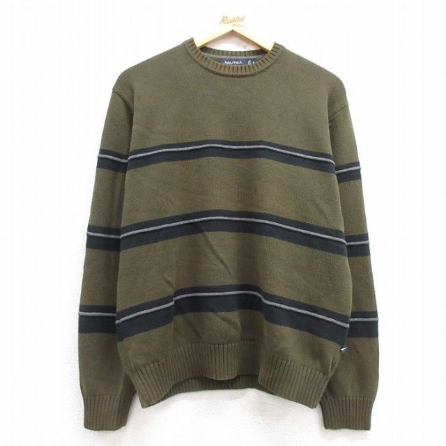 L★古着 ノーティカ NAUTICA 長袖 ブランド セーター メンズ コットン クルーネック 緑他 グリーン 25mar14 中古 ニット トップス
