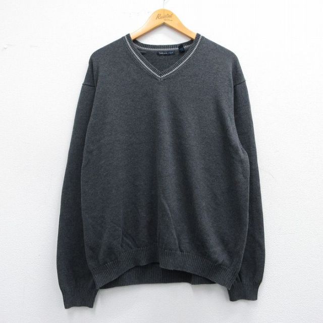 XL★古着 バンヒューセン 長袖 セーター メンズ 無地 コットン Vネック グレー 25mar14 中古 ニット トップス