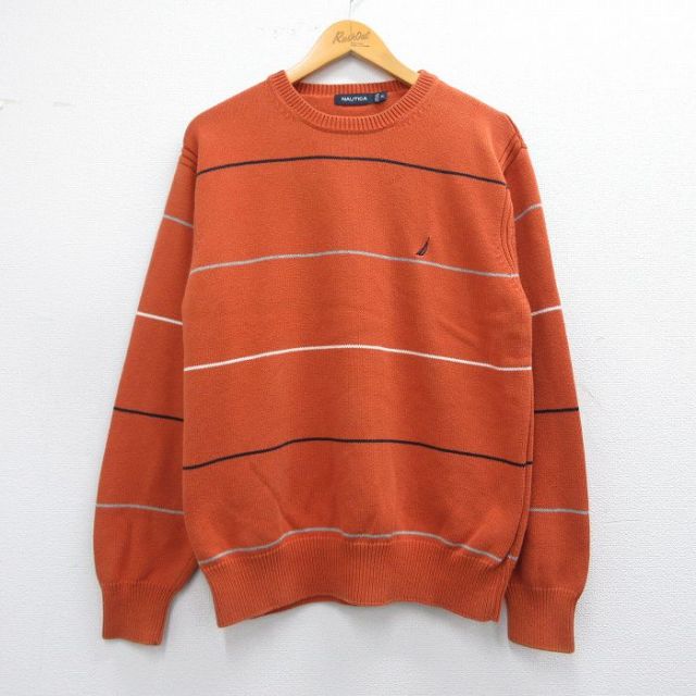 L★古着 ノーティカ NAUTICA 長袖 ブランド セーター メンズ ワンポイントロゴ コットン クルーネック オレンジ他 ボーダー 25mar14 中古 ニット トップス