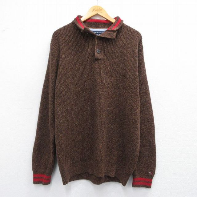 XL★古着 トミーヒルフィガー TOMMY HILFIGER 長袖 ブランド セーター メンズ コットン ヘンリーネック 茶 ブラウン 25mar14 中古 ニット トップス