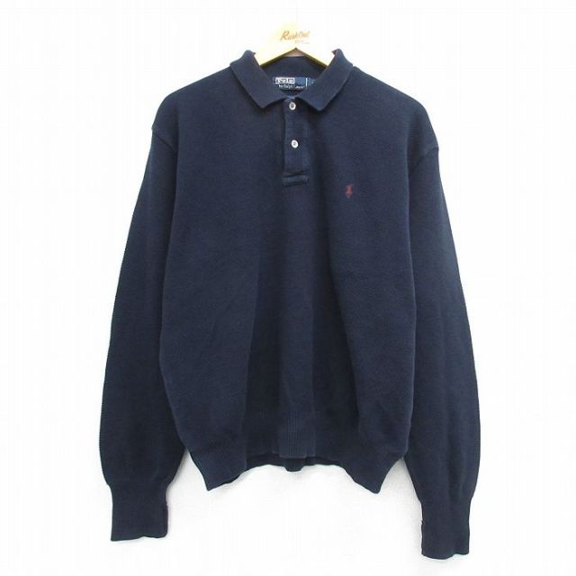 XL★古着 ラルフローレン Ralph Lauren 長袖 ブランド セーター メンズ 90年代 90s ワンポイントロゴ 襟付き コットン 紺 ネイビー 【spe】 25mar15 中古 ニット トップス