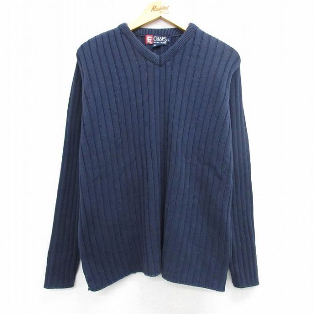 L★古着 ラルフローレン Ralph Lauren チャップス 長袖 ブランド セーター メンズ 90年代 90s 無地 コットン Vネック 紺 ネイビー 【spe】 25mar15 中古 ニット トップス