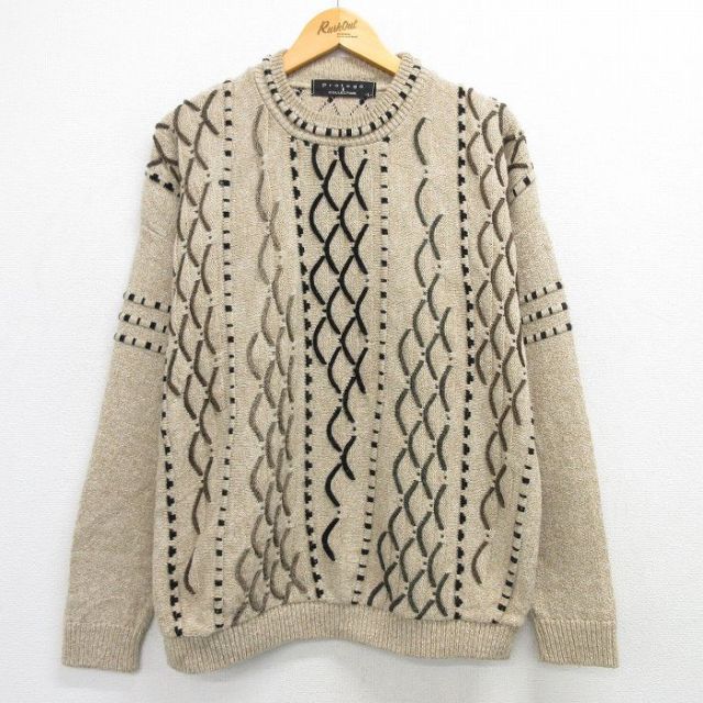 XL★古着 長袖 セーター メンズ 90年代 90s アクリル クルーネック USA製 ベージュ他 カーキ 25mar15 中古 ニット トップス