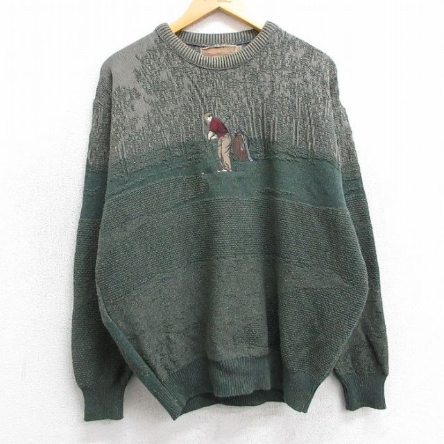 L★古着 長袖 セーター メンズ 90年代 90s ゴルフ 刺繍 クルーネック USA製 濃緑他 グリーン 25mar15 中古 ニット トップス