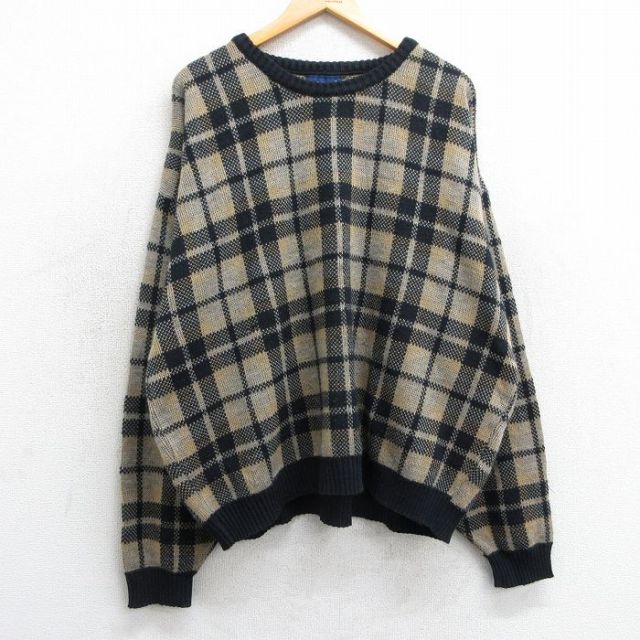 【20%OFF】XL★古着 タウンクラフト 長袖 セーター メンズ 90年代 90s 大きいサイズ アクリル クルーネック ベージュ他 カーキ チェック 25mar15 中古 ニット トップス