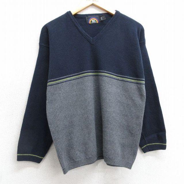 M★古着 ニューエラ 長袖 セーター メンズ 90年代 90s ツートンカラー Vネック USA製 紺他 ネイビー 25mar15 中古 ニット トップス