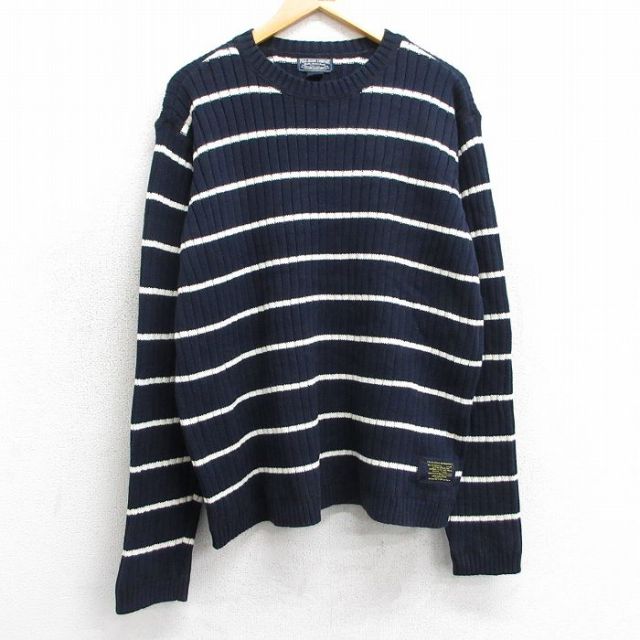 L★古着 ラルフローレン Ralph Lauren ポロジーンズ 長袖 ブランド セーター メンズ 00年代 00s コットン クルーネック 濃紺 ネイビー ボーダー 25mar15 中古 ニット トップス