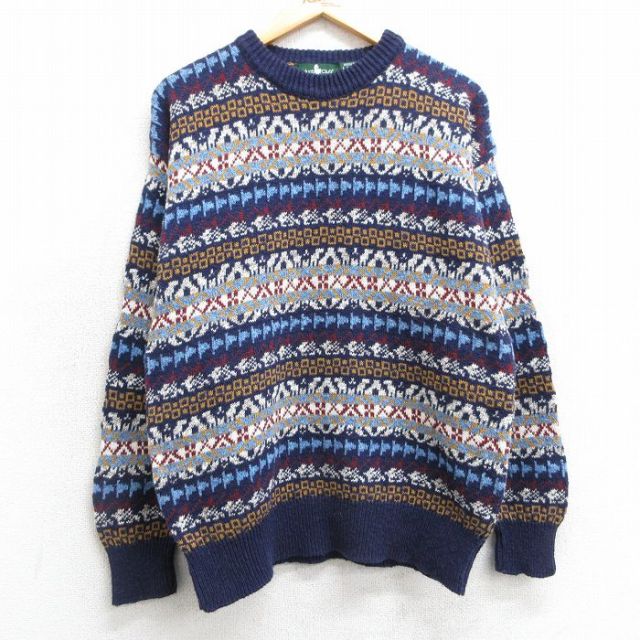 【20%OFF】L★古着 長袖 セーター メンズ 90年代 90s フェアアイル コットン クルーネック 紺他 ネイビー 25mar15 中古 ニット トップス