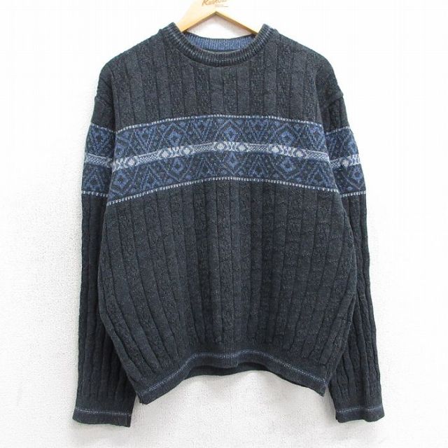 【20%OFF】L★古着 長袖 セーター メンズ 00年代 00s クルーネック 濃グレー他 25mar15 中古 ニット トップス