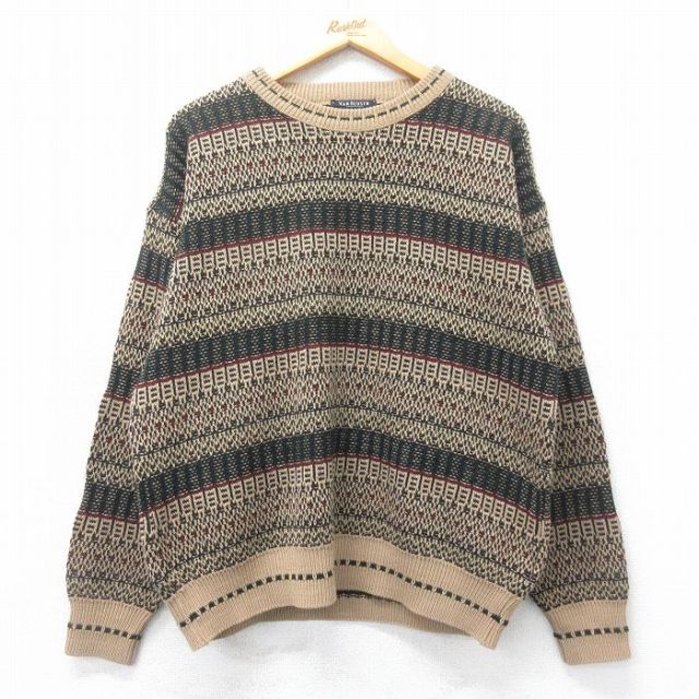 【20%OFF】L★古着 バンヒューセン 長袖 セーター メンズ 80年代 80s アクリル クルーネック ベージュ他 カーキ 25mar18 中古 ニット トップス