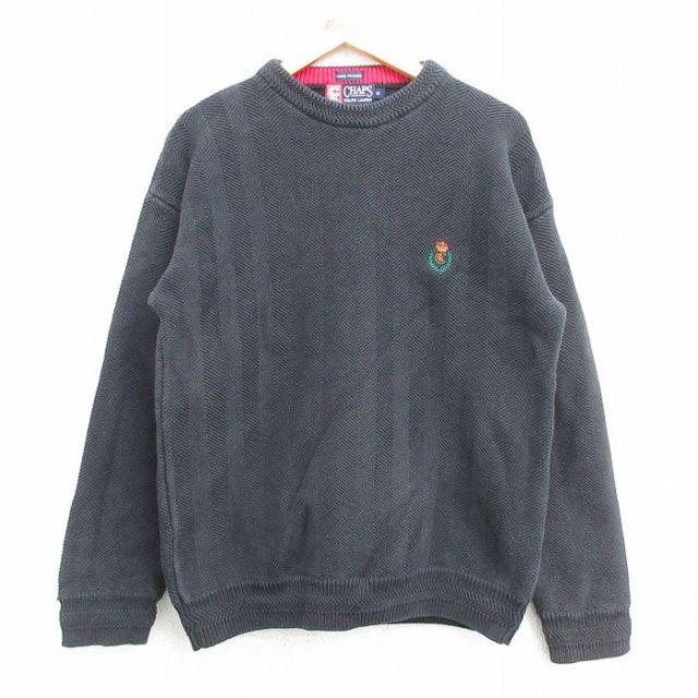 M★古着 ラルフローレン Ralph Lauren チャップス 長袖 ブランド セーター メンズ 90年代 90s ワンポイントロゴ ヘリンボーン 手織り コットン クルーネック 黒 ブラック 【spe】 25mar19 中古 ニット トップス