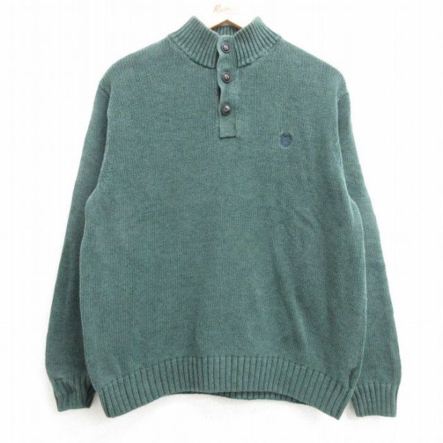【20%OFF】L★古着 チャップス 長袖 セーター メンズ ワンポイントロゴ ヒジ当て コットン ヘンリーネック 濃緑他 グリーン 25mar19 中古 ニット トップス