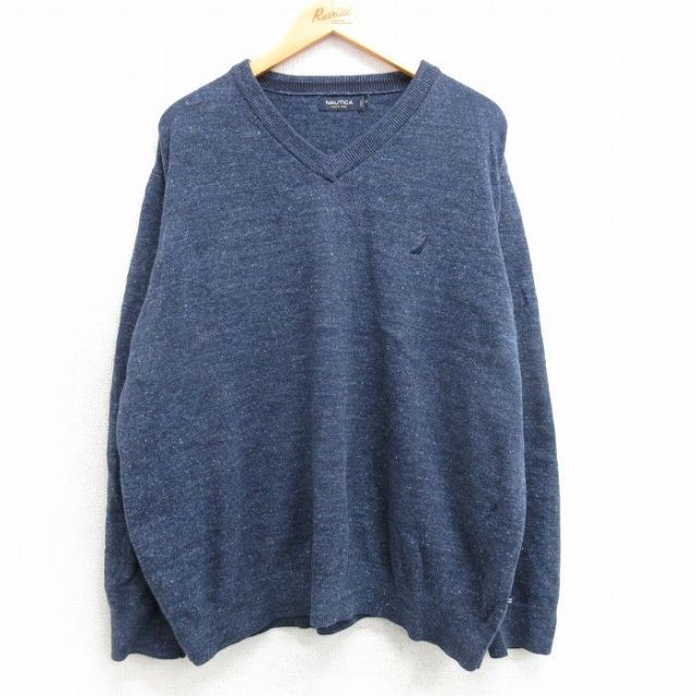 XL★古着 ノーティカ NAUTICA 長袖 ブランド セーター メンズ ワンポイントロゴ 大きいサイズ コットン Vネック 紺 ネイビー 25mar19 中古 ニット トップス
