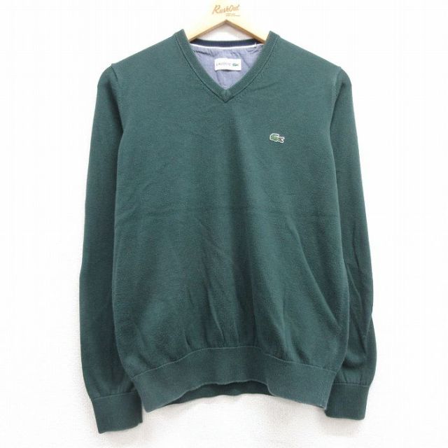 S★古着 ラコステ LACOSTE 長袖 ブランド セーター メンズ ワンポイントロゴ Vネック 緑 グリーン 25mar22 中古 ニット トップス