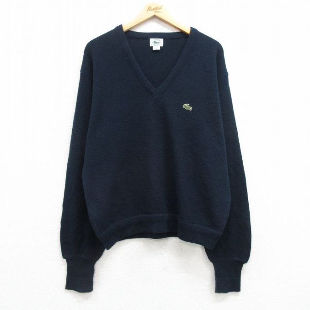 L★古着 ラコステ LACOSTE IZOD 長袖 ブランド セーター メンズ 90年代 90s ワンポイントロゴ アクリル Vネック 濃紺 ネイビー 25mar22 中古 ニット トップス