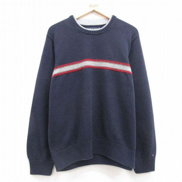 L★古着 トミーヒルフィガー TOMMY HILFIGER 長袖 ブランド セーター メンズ ワンポイントロゴ コットン クルーネック 濃紺 ネイビー 25mar22 中古 ニット トップス