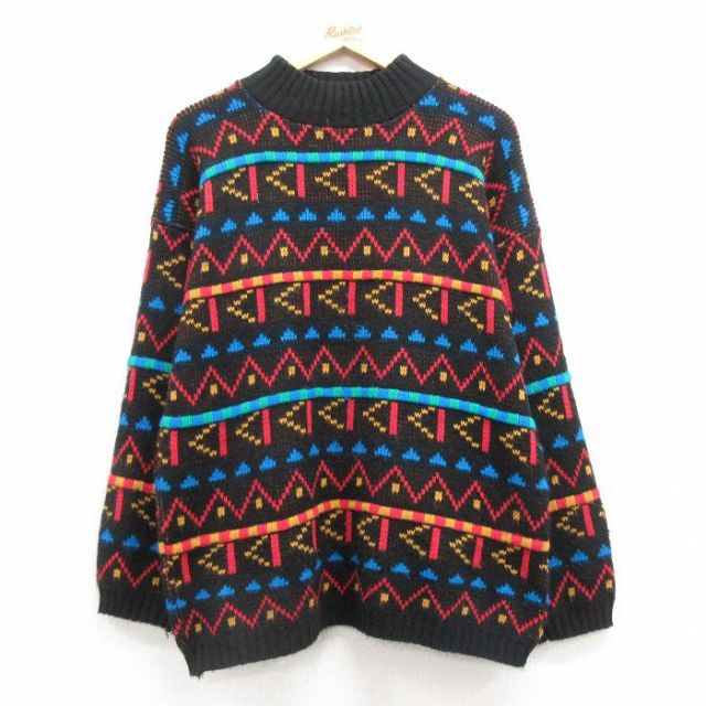 【50%OFF】M★古着 長袖 セーター メンズ 90年代 90s アクリル モックネック ハイネック USA製 黒 ブラック 25mar22 中古 ニット トップス