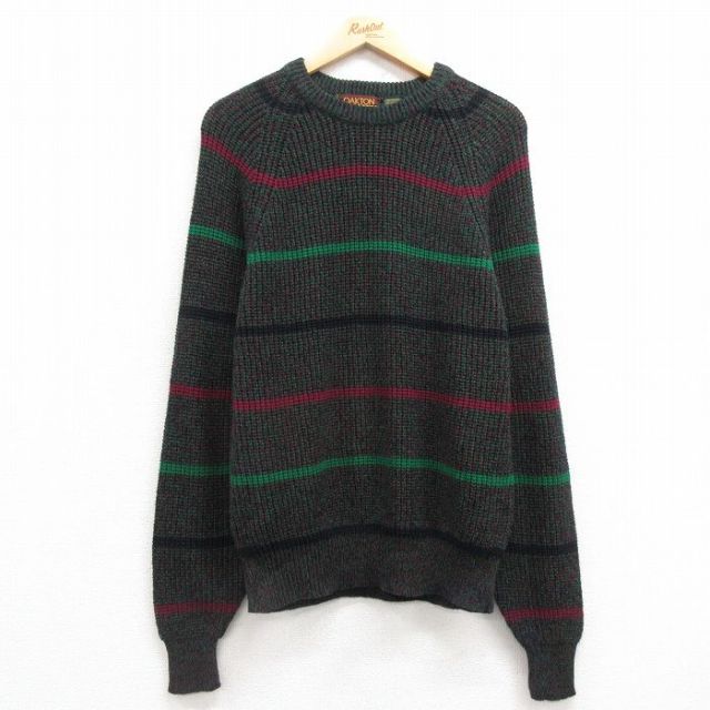 【50%OFF】M★古着 長袖 セーター メンズ 00年代 00s ラグラン アクリル クルーネック 緑他 グリーン ボーダー 25mar22 中古 ニット トップス