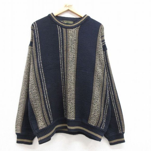 XL★古着 長袖 セーター メンズ 00年代 00s 大きいサイズ クルーネック 濃紺他 ネイビー ストライプ 25mar22 中古 ニット トップス