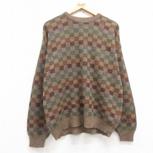 【20%OFF】L★古着 長袖 セーター メンズ 00年代 00s アクリル クルーネック ベージュ他 カーキ チェック 25mar22 中古 ニット トップス