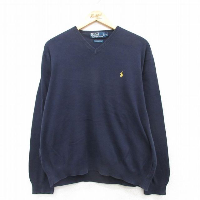 L★古着 ラルフローレン Ralph Lauren 長袖 ブランド セーター メンズ 90年代 90s ワンポイントロゴ コットン Vネック 紺 ネイビー 25mar22 中古 ニット トップス