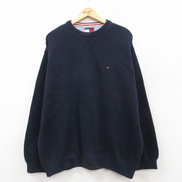 【50%OFF】XL★古着 トミーヒルフィガー TOMMY HILFIGER 長袖 ブランド セーター メンズ 90年代 90s ワンポイントロゴ 大きいサイズ コットン クルーネック 紺 ネイビー 25mar22 中古 ニット トップス