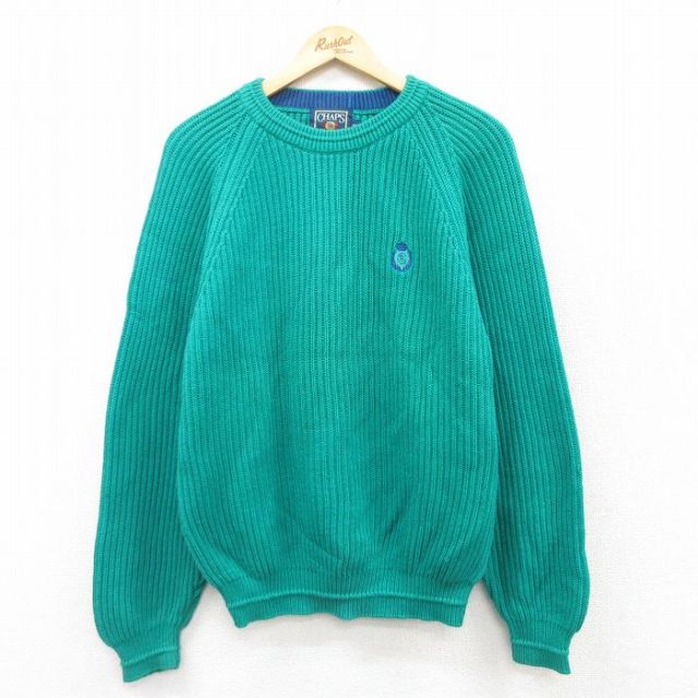 【20%OFF】M★古着 ラルフローレン Ralph Lauren チャップス 長袖 ブランド セーター メンズ 80年代 80s ワンポイントロゴ コットン クルーネック 青緑 25mar22 中古 ニット トップス
