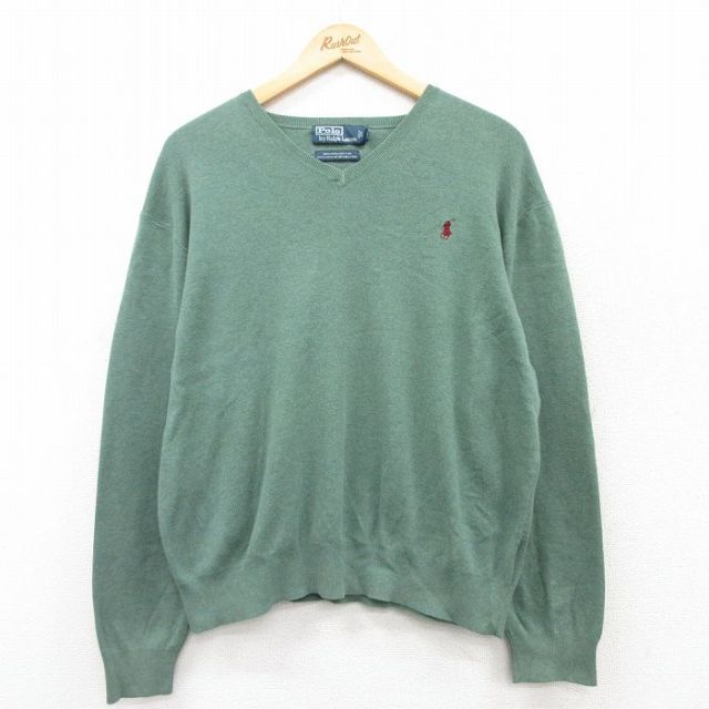 XL★古着 ラルフローレン Ralph Lauren 長袖 ブランド セーター メンズ 90年代 90s ワンポイントロゴ コットン クルーネック 緑 グリーン 【spe】 25mar22 中古 ニット トップス