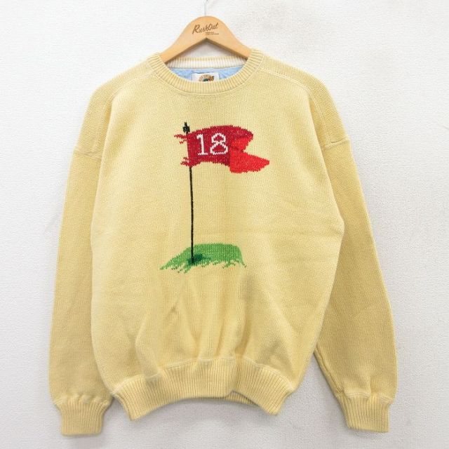 【20%OFF】M★古着 長袖 セーター メンズ 00年代 00s ゴルフ コットン クルーネック 黄 イエロー 25mar22 中古 ニット トップス