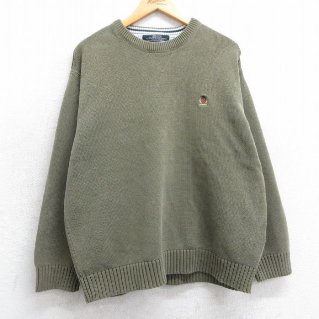 XL★古着 トミーヒルフィガー TOMMY HILFIGER 長袖 ブランド セーター メンズ ワンポイントロゴ コットン クルーネック 濃緑 グリーン 25mar24 中古 ニット トップス