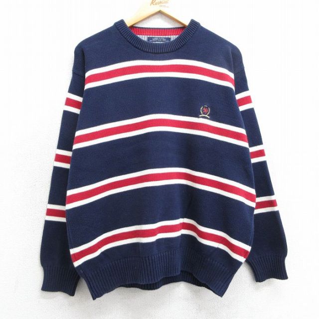 XL★古着 トミーヒルフィガー TOMMY HILFIGER 長袖 ブランド セーター メンズ 90年代 90s ワンポイントロゴ コットン クルーネック 紺他 ネイビー ボーダー 【spe】 25mar24 中古 ニット トップス