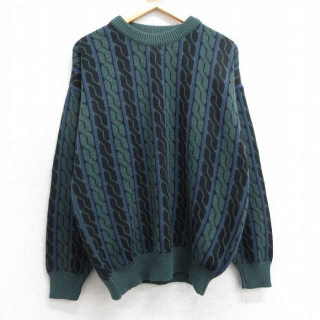 XL★古着 長袖 セーター メンズ 90年代 90s アクリル クルーネック 緑他 グリーン 25mar24 中古 ニット トップス