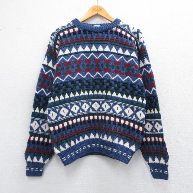 【50%OFF】M★古着 長袖 セーター メンズ 90年代 90s コットン クルーネック USA製 紺他 ネイビー 25mar25 中古 ニット トップス