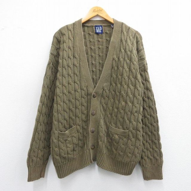XL★古着 ギャップ GAP 長袖 ケーブル ニット カーディガン メンズ 90年代 90s 茶系 ブラウン 【spe】 25mar25 中古 トップス