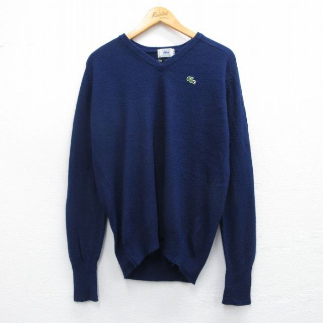 L★古着 ラコステ LACOSTE IZOD 長袖 ブランド セーター メンズ 90年代 90s ワンポイントロゴ アクリル Vネック 紺 ネイビー 25mar25 中古 ニット トップス