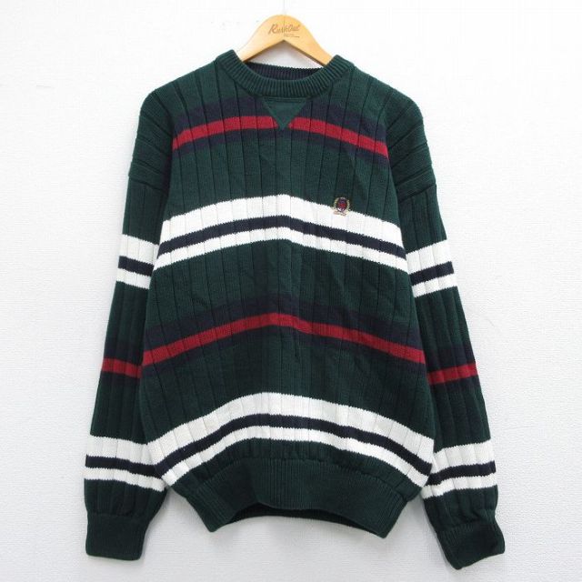 L★古着 トミーヒルフィガー TOMMY HILFIGER 長袖 ブランド セーター メンズ 90年代 90s ワンポイントロゴ コットン クルーネック 緑他 グリーン 25mar25 中古 ニット トップス