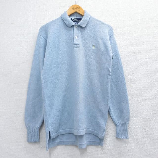 【50%OFF】S★古着 ラルフローレン Ralph Lauren 長袖 ブランド セーター メンズ 90年代 90s ワンポイントロゴ コットン 襟付き 薄紺 ネイビー 25mar25 中古 ニット トップス
