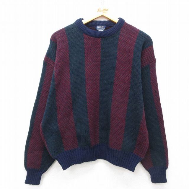 【50%OFF】L★古着 長袖 セーター メンズ 90年代 90s アクリル クルーネック USA製 濃紺他 ネイビー ストライプ 25mar27 中古 ニット トップス