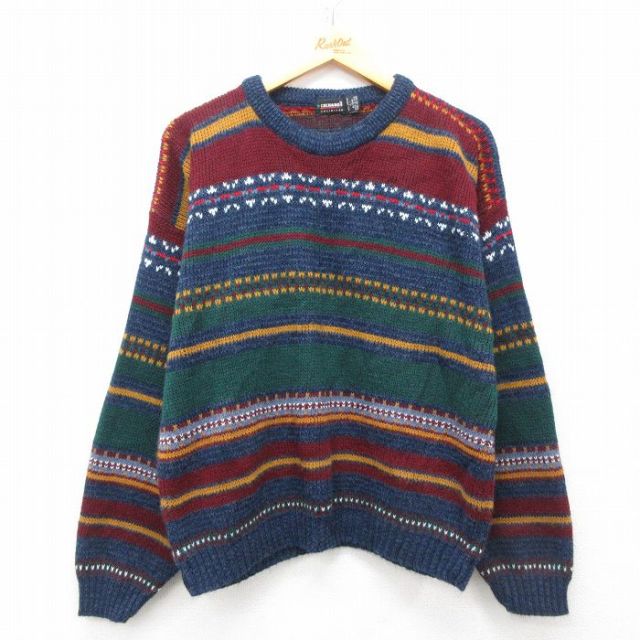 【50%OFF】L★古着 長袖 セーター メンズ 90年代 90s アクリル クルーネック USA製 濃紺他 ネイビー ボーダー 【spe】 25mar27 中古 ニット トップス