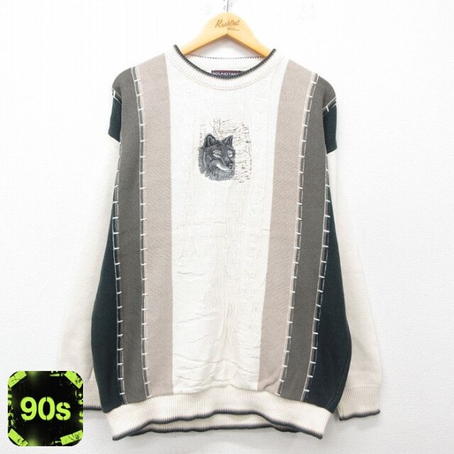 90s 長袖セーター オオカミ刺繍 生成り XL | 古着