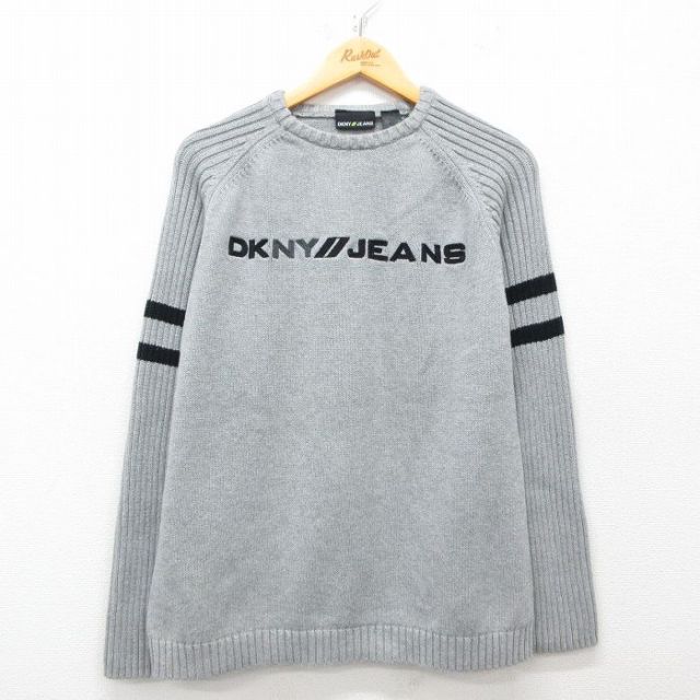 M★古着 ダナキャラン DKNY 長袖 セーター メンズ ビッグロゴ ラグラン コットン クルーネック グレー 25mar27 中古 ニット トップス